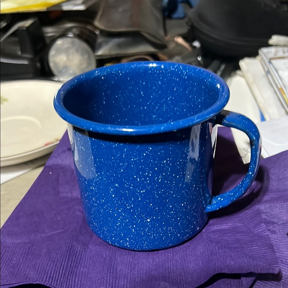 Blue Speckled Enamel Mug and saucepan